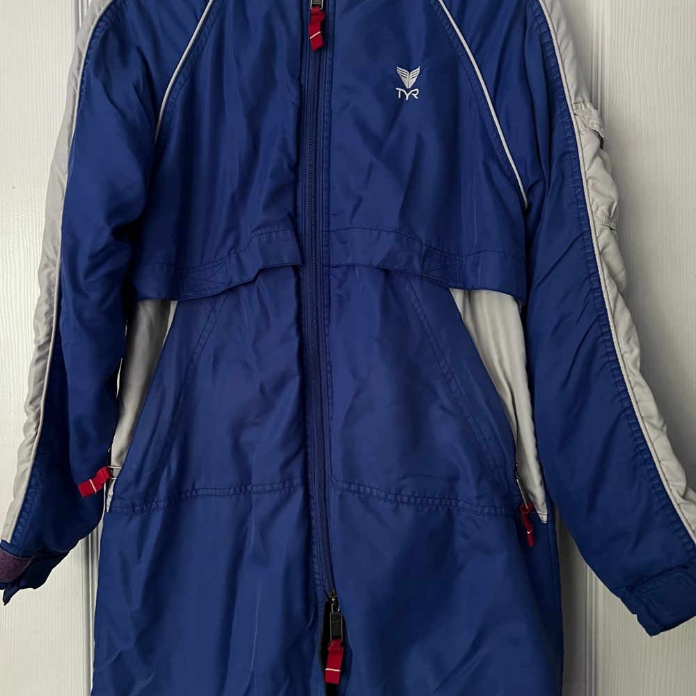 TYR Swim Parka Jacket Youth Large Blue Gray White Hooded Fleece Lined